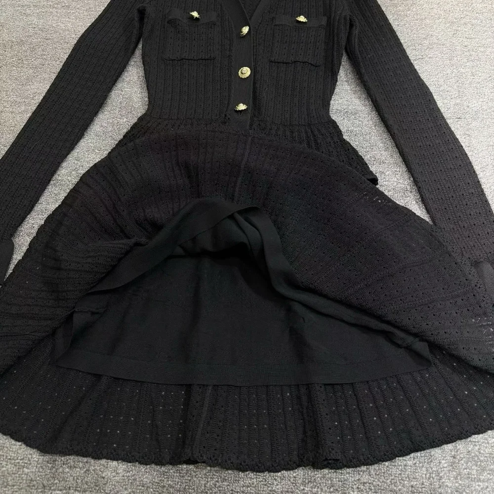 Self-portrait Black Pointelle V Neck Knit Mini Dress - Picture 9 of 9